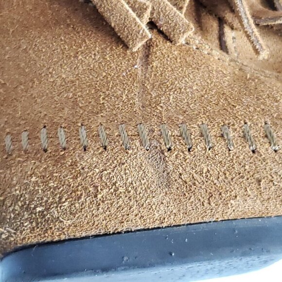Minnetonka 3 Layer Fringe Moccasin Boots 9 Brown Suede Mid Calf Boho Hippie - Picture 12 of 13